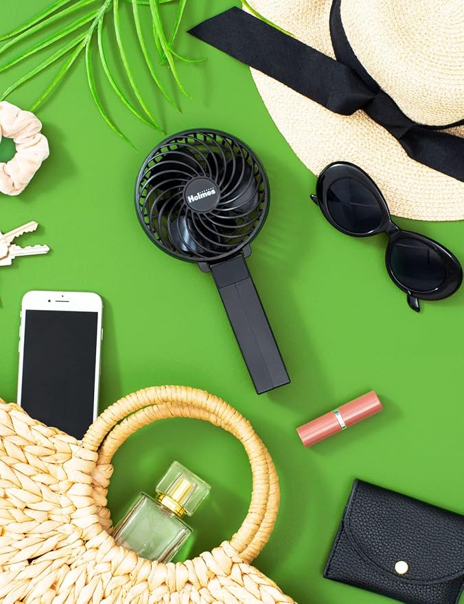 HOLMES 4" Portable, Handheld, Personal or Desk Fan, 3 Speeds, Rechargeable battery, USB-C Charging Cable, 180° Adjustable Head, Lightweight, Compact, Ideal for On-The-Go Use or Home and Office, Black