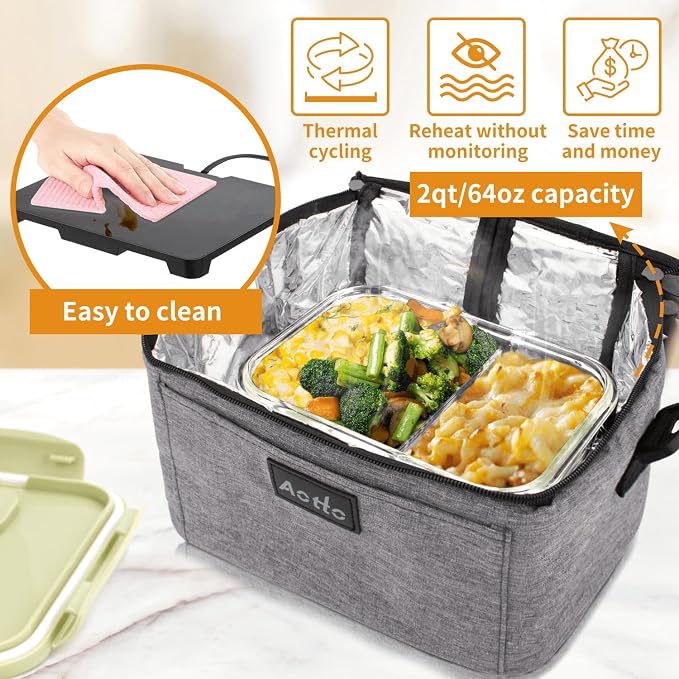 Aotto Portable Oven Electric Lunch Box Food Heater - 12V 24V 2-in-1 Car Food Warmer, Heated Lunch Box for Adults, Cook, Reheat, and Keep Meals Warm for Car, Truck, Travel - Grey