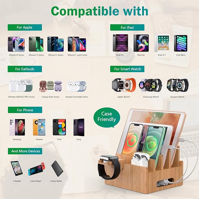 Pezin & Hulin Bamboo Charging Station for Multiple Devices with 5 Port USB Charger,5Cables,Smart Watch&Earbuds Stand, Desk Docking Stations Electronic Organizer for Cell Phone, Tablet (Natural)