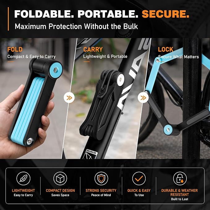 Heavy Duty Folding Bike Lock, 34" Foldable Bicycle Lock with 4 Keys & Mounting Bracket, Alloy Steel Anti Theft Bike Lock for Electric Bike, Scooter & Motorcycle, Portable Security Lock - Blue