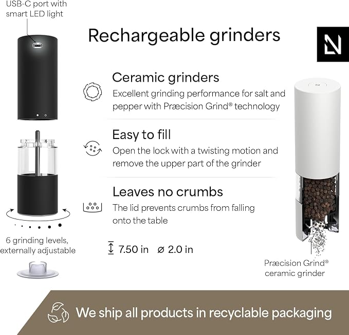 LARS NYSØM Electric Salt and Pepper Grinder Set I Automatic Salt and Pepper Mills with Adjustable Ceramic Grinder I USB Rechargeable Electric Spice Mill Set with LED Light (Black/White)
