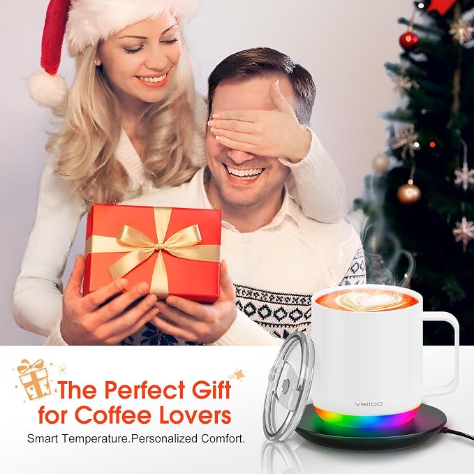 Vsitoo S6 Plus 12oz Smart Self Heating Coffee Mug, AI Auto-Sensing Heated Espresso Mug Temp Control 120-150℉, Rechargeable Mug Warmer with Music LED, IPX7 Gift for Women Men- White