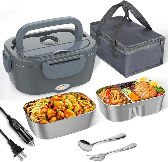 Akhia Electric Lunch Box for Adults, Heated Lunch Box for Men with 2 Stainless Steel Container, 1.5L Portable 80W Food Warmer Lunch Box 110V/12V/24V/240V for Car/Truck/Dad/Husband,Gift for Fathers Day
