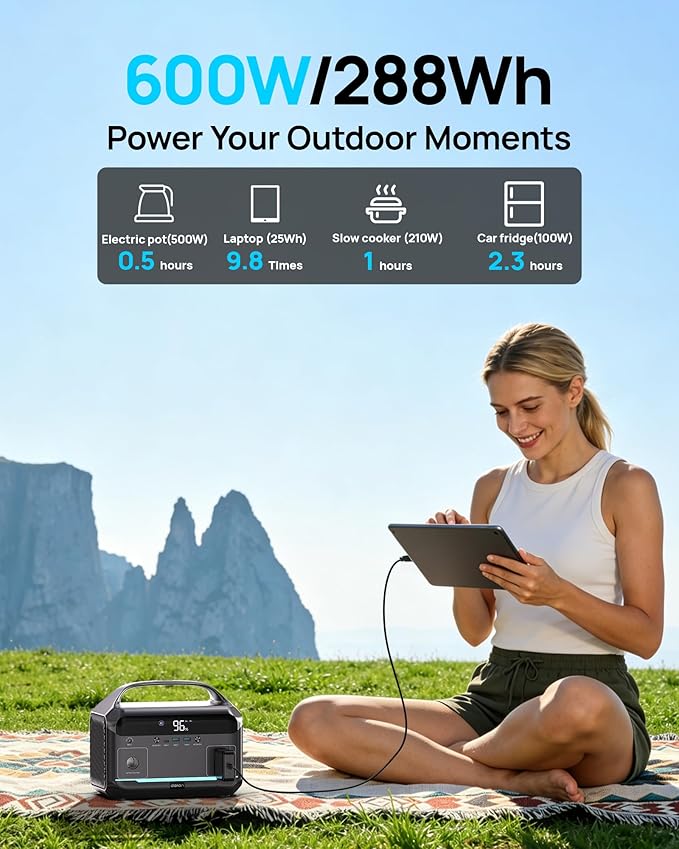 DaranEner Portable Power Station 600W, 288Wh LiFePO4 Battery Backup Power w/2×600W AC Outlets (1200W Surge), 2.2H Fast Charging, Solar Generator for Outdoor Camping/RVs/Home Emergency (Solar Optional)