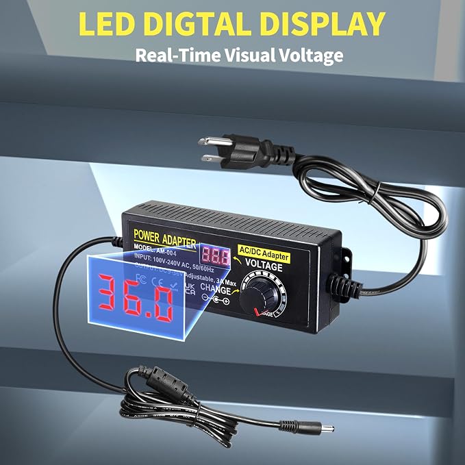 108W Universal Power Supply Adjustable 9V~36V DC Switching Adapter 100V-240V AC to DC Converter Transformer with LED Voltage Display,14 Tips & Polarity Converter,9V12V15V18V20V24V...36V Power Supply