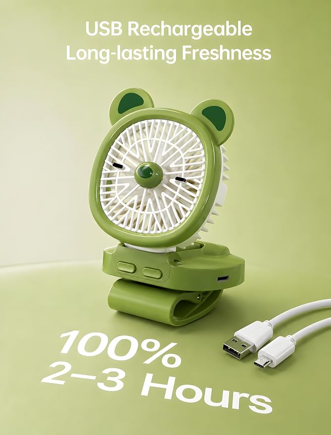 Personal Fan with Wrist Strap - Battery Operated, USB Rechargeable Fan Portable, LED Lights, 3 Adjustable Speed - Portable Fans for Kids Children Boys Girls Indoor Outdoor (Green)