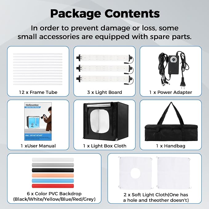Photo Light Box, Portable 12/16/20/24/32 Inch Photo Studio LightBox, Shooting Tent Kit with 189 Light Beads and 6 Color Backdrops. Lightbox with 3 Stepless Dimming Light Boards for Product Photography
