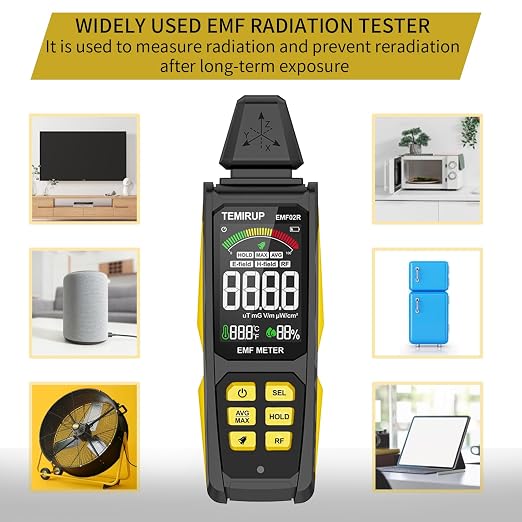5-in‑1 EMF Detector, Electromagnetic Field Radiation Detector for EF, RF, MF, WiFi,5G Signal, Temperature/Humidity Measurement, Rechargeable EMF Meter for Home, Office, and Paranormal Investigation