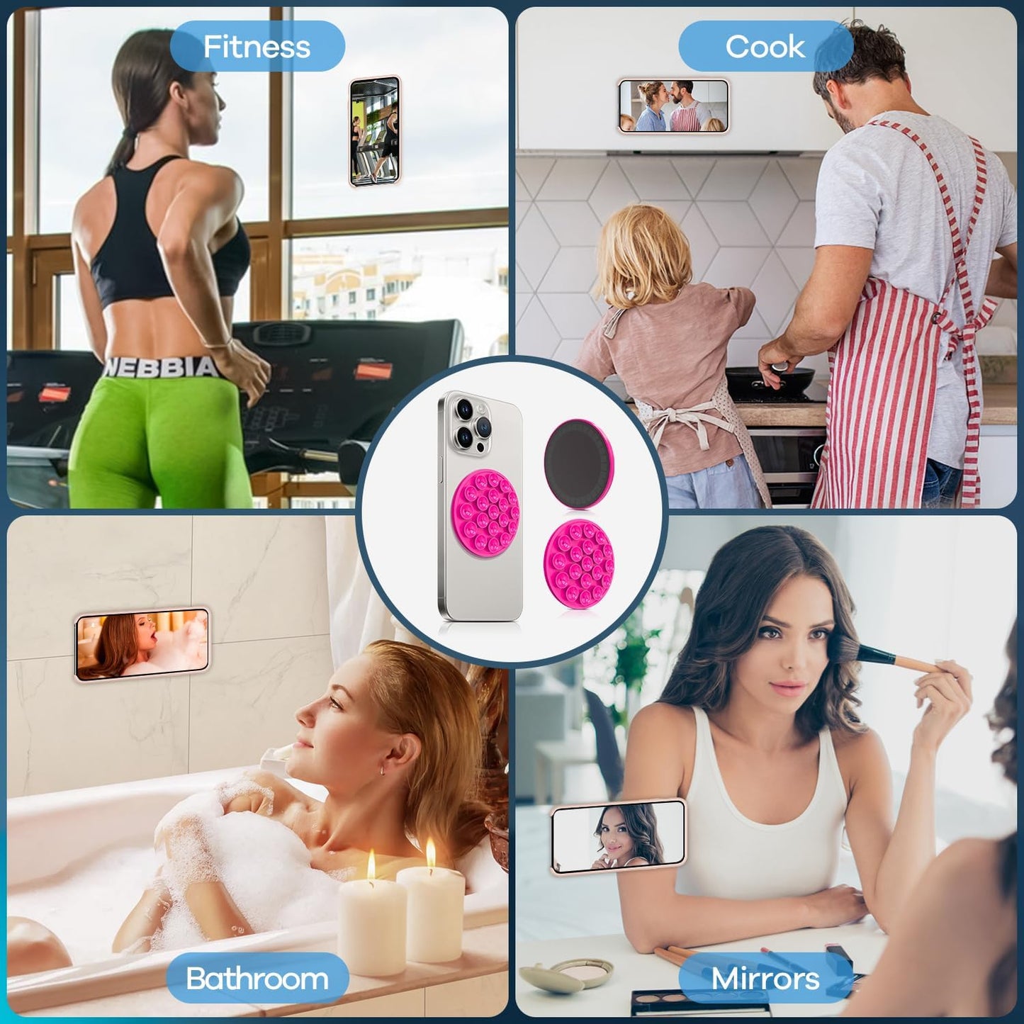 Silicone Suction Cup Phone Mount, Magnetic Suction Phone Case Stand, Mirror Shower Phone Holder, Perfect for Selfies and Videos Creators, Hands Free Holder Mount-Hot Pink