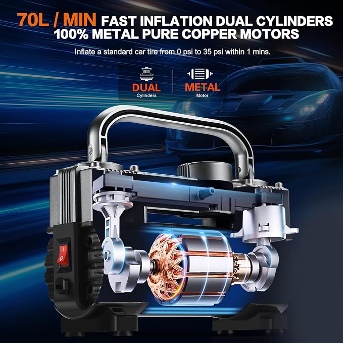 GSPSCN 12V Heavy Duty Tire Inflator Metal Portable Air Compressor Pump | 6X Faster Inflation Double Cylinders 150PSI Air Pump with Adapter for Car, RV,Pickup Truck, SUV, Van,Camper, Air Bed,Ball