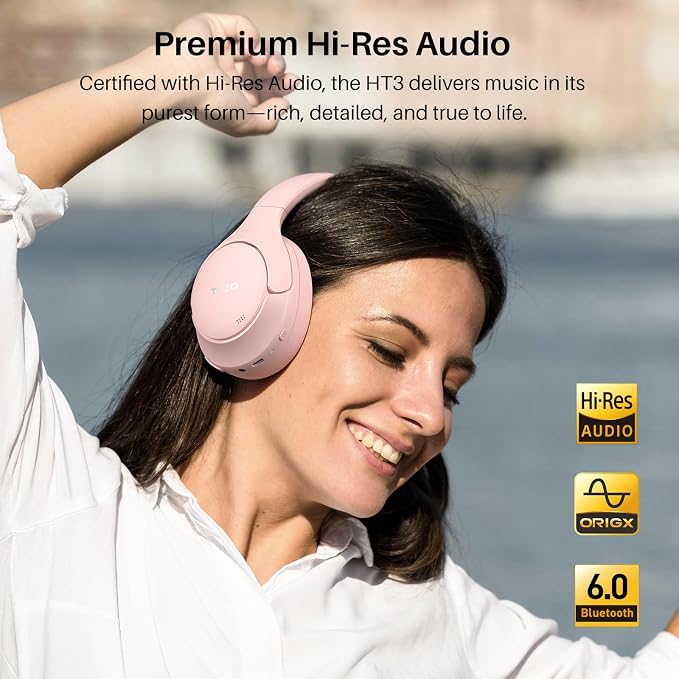 TOZO HT3 Hybrid Noise Cancelling Headphones, 90H Battery Life Wireless Over Ear Bluetooth 6.0 Foldable Headset, AI Voice Assistant with 5 Mics, Connect 2 Devices & Hi-Res Sound, 32 Audio EQ, with Case