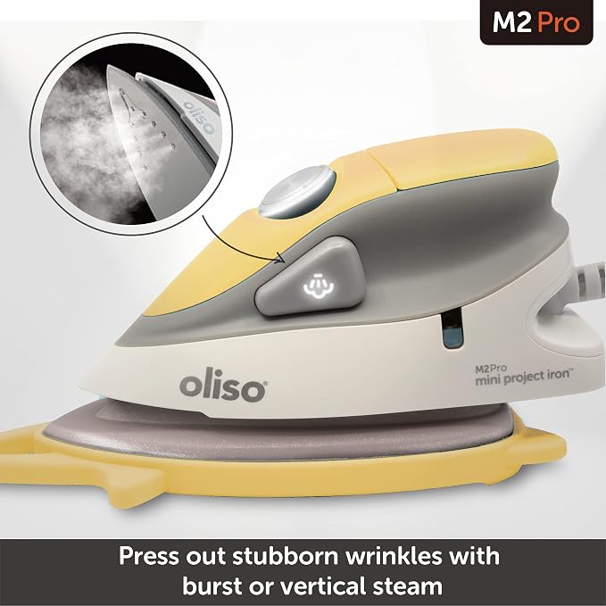 oliso M2Pro Mini Steam Iron with Solemate® – 1000 Watt Dual Voltage Travel Iron for Sewing, Quilting, and Crafting – Ceramic Soleplate, Precision Tip – Butterscotch