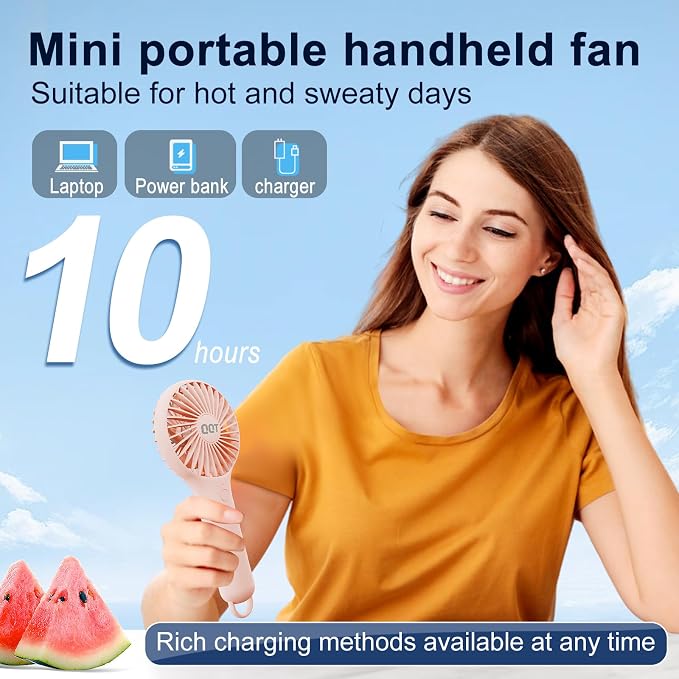 QQT Mini Handheld Fan, Small Personal Cooler with 3 Speeds, Portable Battery Operated, USB Rechargeable Makeup Eyelash Dryer, Strong Airflow for Travel, Office, Outdoor, Women, Men, and Kids(Pink)