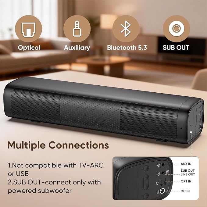 Saiyin Sound Bar for Smart TV, 11.7-inch Soundbar with Bluetooth 5.3/Optical/Auxiliary Inputs, Small Size & Big Power, 48W Peak Power Compact Sound Bar for TV, PC, Gaming, Powered by an AC Adapter
