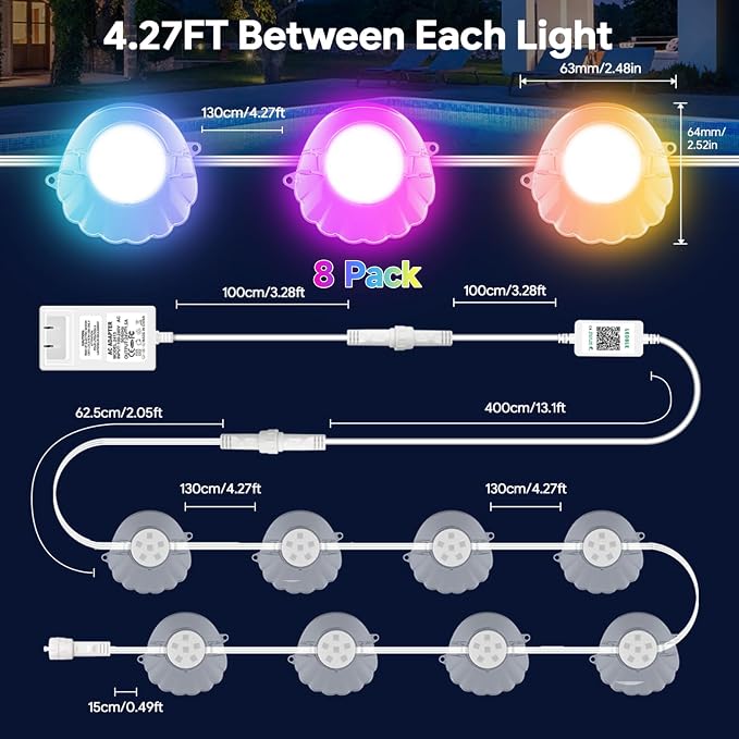 AHAWILL 50FT RGB Pool Lights for Inground & Above Ground Pools, Plug-in 8 Shell Pool LED String Lights,IP68 Waterproof, Remote/APP Control,16 Million Colors,44 Dynamic Modes for Swimming Pool Decor