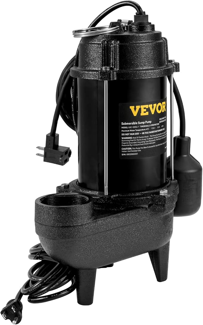 VEVOR 3/4 HP Submersible Sewage Pump, Cast Iron Submersible Sump Pump, Wear-proof Cast Iron Construction, with Tethered Float Switch, 10 FT Power Cord
