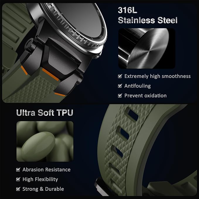 ULTIMAL Rugged TPU Sport Band ONLY for Samsung Galaxy Watch 8 Classic & Galaxy Watch 8 (40/44/46mm), Replacement Strap with Secure Connector, Waterproof Sweat-Resistant, Fit 6.2”-8.9”(Black+Green)