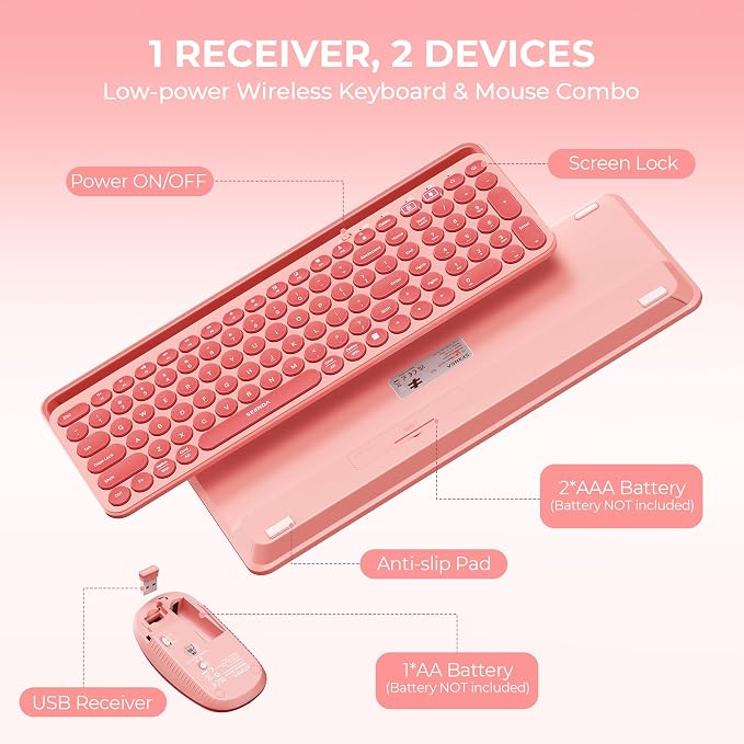 seenda Bluetooth Keyboard and Mouse for iPad, CTU-301 Wireless Multi-Device Connection Bluetooth+2.4G Keyboard Mouse Combo with Tablet Holder for iPad/MacBook/Windows, iOS/Android/Phone, Coral Pink