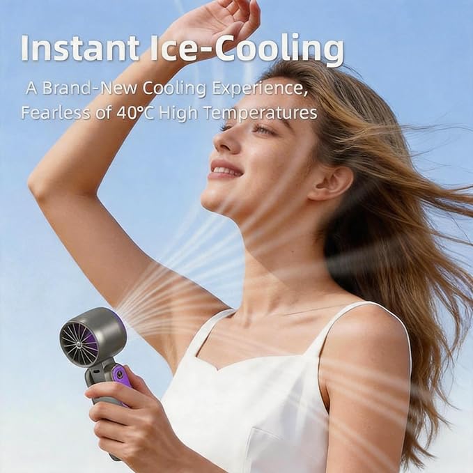 Portable Handheld Turbo Ice Fan,with Semiconductor Cooling-6000mAh Rechargeable 3-in-1 Mini Fans (Hand/Neck/Desk),199 High Speed/26550 RPM,LED Display Quiet Fan for Travel,Beach,Home,Outdoor (Purple)