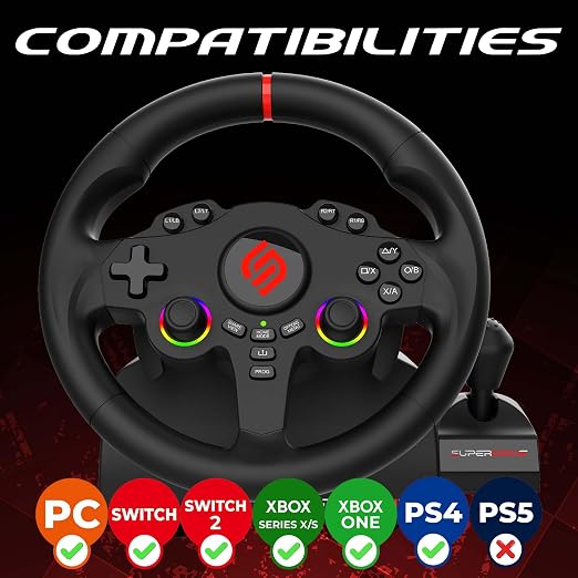 SUBSONIC Superdrive 220RSX Racing Wheel Switch 2/Switch PS4 PC Xbox Series | Steering Wheel, Dual Joysticks, Pedals, Gear Shifter for GTA 6 & Farming Simulator - Vibration, Diameter 22 cm, Rotation 180°
