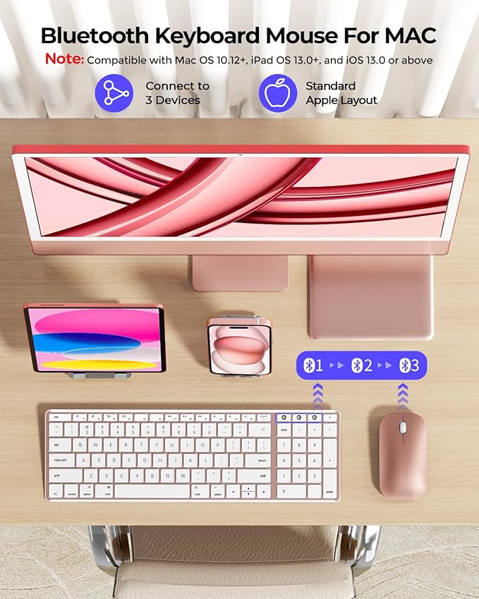 seenda Bluetooth Keyboard and Mouse Combo for Mac, SKM64-2 Rechargeable Silent Wireless Keyboard Mouse Compact Slim, 3 Multi-Device Connection, Compatible for Mac MacBook Pro/Air iPad, White Rose Gold