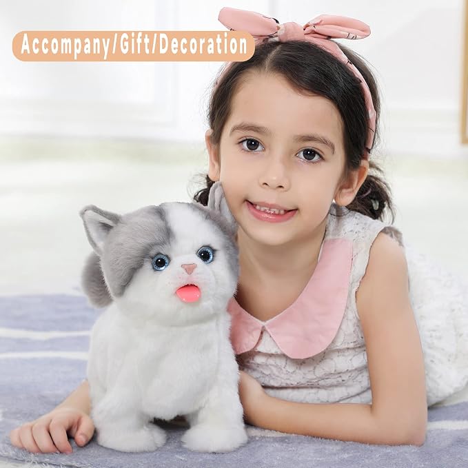 CU-MATE Electronic Stuffed Walking Cats, Realistic Interactive Pet Toy Cat, Walking, Barking, Wagging Tail & Talking, Present Gifts for 3+ Year (British Shorthair Blue and White Cat)