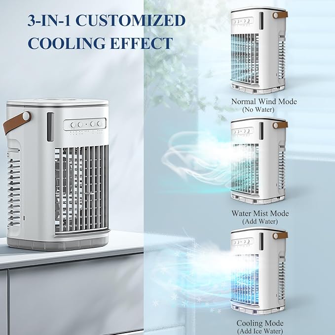 Portable Air Conditioners, 3-1 Mini Evaporative Air Cooler w/Remote, 1.2L Water Tank & 2 Ice Boxes, 7H Timer, USB Charging, 3 Speeds & 7 Color Lights, Personal Desktop Fan For Home Office Outdoors