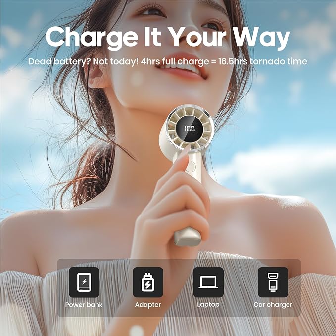 Portable Handheld Turbo Fan,Adjustable Mini Personal Fan, USB-C Rechargeable Battery Operated, Digital Display, Ultra-Quiet & Durable for Travel, Office, Gym, Outdoor (ABS Resin Exterior, Black)