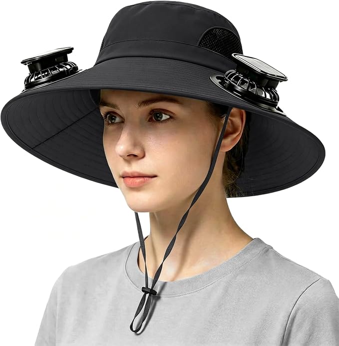 Solar Powered Fan Hat for Men Women Wide Brim Hat with 2 Fans UPF 50+ Outdoor Fishing Beach Sun Hat