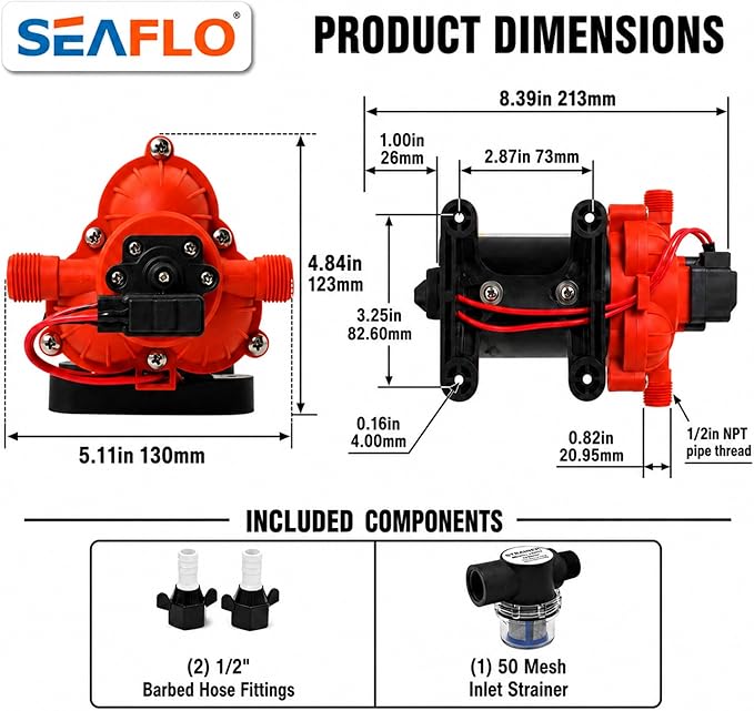 SEAFLO 33 series RV Water Pump - 12V, 3.0 GPM 45 PSI Diaphragm Pump, Self Priming On Demand Fresh Water Pump for RV Camper Boat Marine, Self Priming Pressure Pump, NSF UL 4-Year Warranty