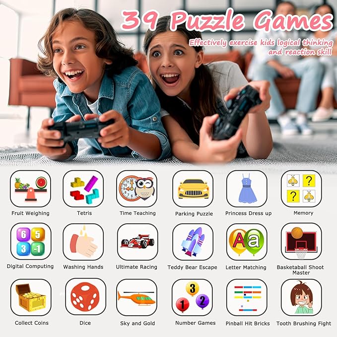 Wiszodet Smart Watch for Kids Gift for Girls Age 5-12, 1.54" Touch Screen Watch with HD Camera Video 39 Games Music Pedometer Flashlight Alarm Clock, Gifts for 7 8 9 10 Year Old Girls Boys