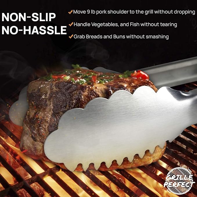 Digital Meat Thermometer and Heavy Duty Tongs BBQ Tools for Grilling Smoking Outdoor Cooking Instant Read Accurate Temperature Probe Long Metal Flipper with 3 Side Silicone Handle
