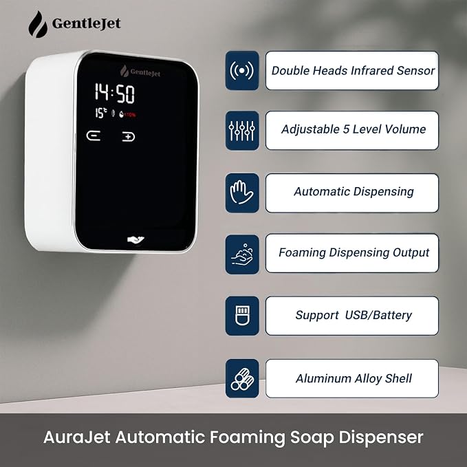 GentleJet AuraJet Automatic Foaming Soap Dispenser Wall Mount – Touchless Sensor, LED Display, 5 Foam Levels, Rechargable USB-C or Battery Powered, Aluminum Alloy, 480 ml Refillable