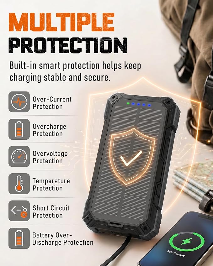 Solar Charger Power Bank - 49800mAh Solar Phone Charger with USB-C in/Output, QC 3.0 Fast Charging with LED Flashlight, Built-in 4 Cables, IP65 Waterproof Fits for Outdoor (Matte Black)
