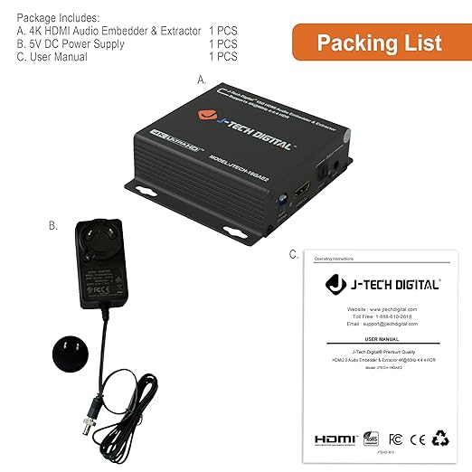 J-Tech Digital 4K 60HZ HDMI Audio Extractor with HDMI Audio Embedder Optical SPDIF + 3.5MM Output Supports 18Gpbs Bandwidth, HDCP 2.2, Dolby Digital/DTS Passthrough CEC, HDR10 [JTECH-18GAE2]