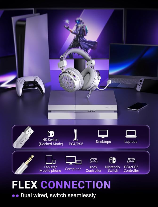 FIFINE Open Back Gaming Headset with 7.1 Surround Sound - Dual Wired USB/3.5mm Connection - USB Control Box - Detachable Mic, Over Ear Headphone for PC, PS4/5, Xbox, Switch, Mobile - H18V Lite WP