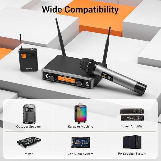 TONOR Wireless Microphones System with Metal 1 Cordless Mic and 1 Headset/Lapel/Lavalier Mic, Bodypack Transmitter, Receiver for Karaoke Church Singing Party PA Speaker, 2*15 Channels 60 m/200ft Range