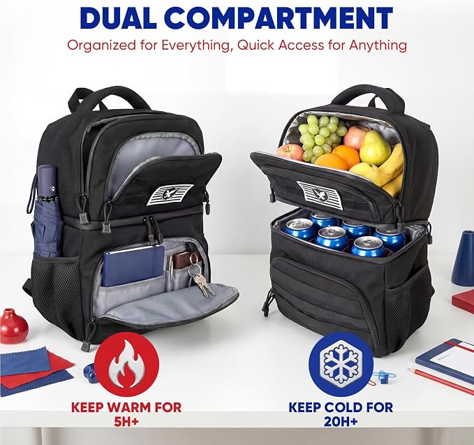 Backpack Cooler Insulated Lunch Bag, Double-Deck Leakproof Compartments Coolers Bag, 16-Can Capacity, RFID Pocket, Molle-Style Organizer, Lightweight for Work, Office, Travel, Hiking (Black)