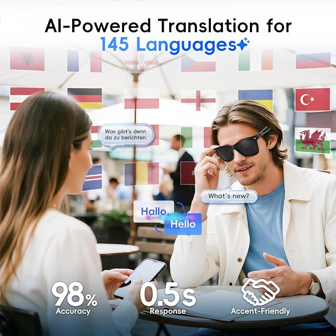 GetD 2026 Acetate Smart Glasses, ChatGPT and 145-Language Real-time Translator, Bluetooth Sunglasses with Nylon Polarized Lens, 11H Battery Life, Open-Ear Audio, Voice Control for Travel & Business