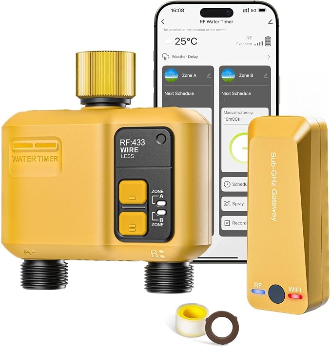 WiFi Water Timer 2 Zone for Garden Hose, Smart Sprinkler Timer with 984ft RF Range, Brass Inlet, APP/Voice Control, Rain Delay, Automatic/Manual Irrigation