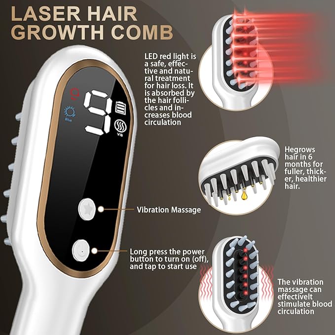 Laser Hair Growth Comb – 650nm Red Light Therapy, Hair Regrowth Device for Men & Women, FDA-Approved Hair Loss Solution, Cordless Head Spa for Fuller-Looking Hair, White