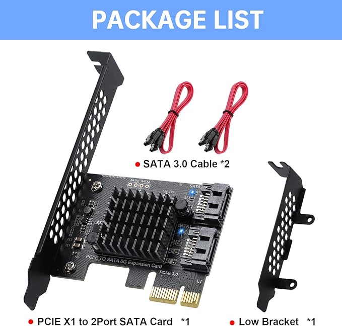 PCI-E X1 to SATA 3.0 Controller Card, 2-Port SATA III 6Gbps Expansion Cards, Supports PCI-Express (1X 4X 8X 16X) Slot, Support SSD and HDD, for Windows10/7/8/XP/Vista/linux
