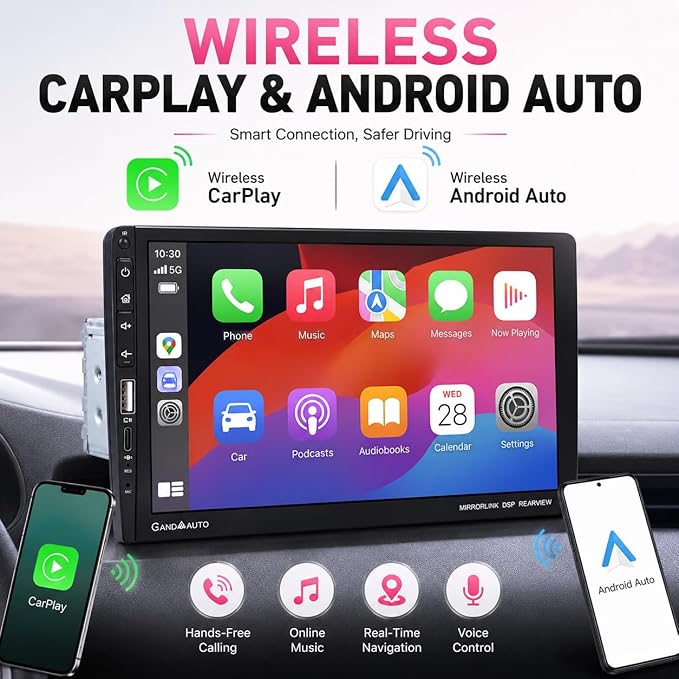 9 Inch Single DIN Car Stereo with Wireless Apple CarPlay Android Auto, Car Radio, 9" IPS Capacitance Touchscreen, Bluetooth 5.2, FM Receiver, Backup Camera,USB/Type-C, subwoofer, Apple Car Play