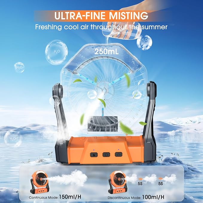 Ausic Portable Misting Fan for Outdoor Cooling, [8-35Hrs] Battery Powered Mist Fans with Water Misters & LED Lantern, 8-Inch, 250mL Tank, for Patios, Home, Outside, Camping, Outdoor&Indoor Use