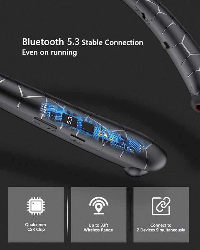 Bluetooth 5.3 Neckband Bluetooth Headphones, Sweat-Resistant Noise Canceling Stereo, Retractable Headphones for Music, Conference, Videos, Fitness, Travel, Online Classes