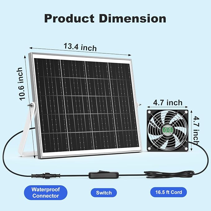 Solar Chicken Coop Fan 3 Kit, 25W Solar Powered Greenhouse Fan Outdoor Waterproof, Solar Exhaust & Intake Fans, Strong Airflow for Shed Dog House Circulation Ventilation Cooling, No Battery