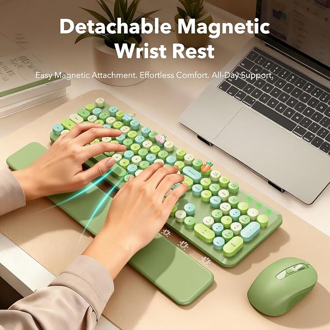 Wireless Keyboard and Mouse Combo, Cute Retro Typewriter Keyboard with Round Keycaps and Magnetic Wrist Rest, Full-Size 2.4GHz Cordless for Mac, Windows PC, Laptop, SABLUTE CK23, Green Multi-Color