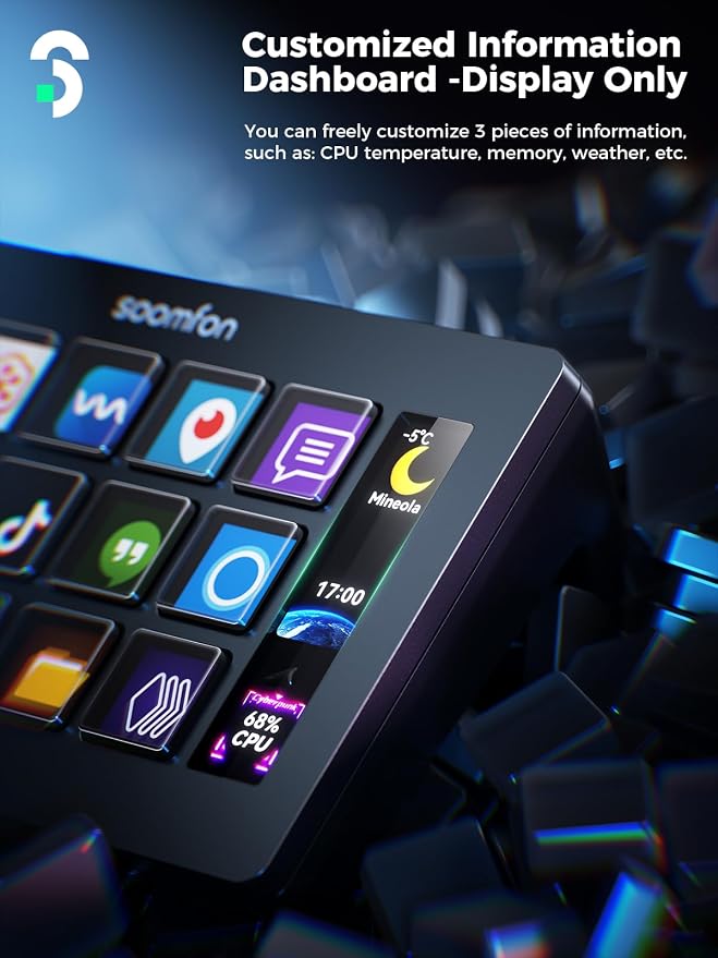 SOOMFON Stream Controller Stream Control Deck with 15 LCD Macro Keys Customizable to Trigger Actions in OBS Twitch YouTube Compatible with PC & Mac for Content Creators Streaming Gaming