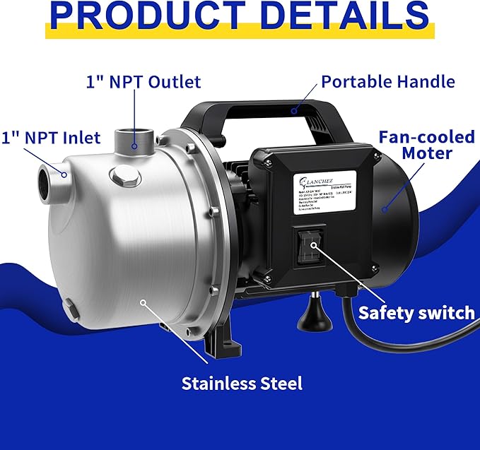 LANCHEZ Shallow Well Pump, Stainless Steel Garden Irrigation Pump, 115V Water Transfer Pump, Water Booster Jet Pump for Home Garden Lawn Farm, Black