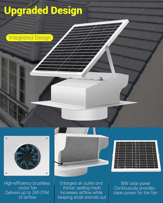 18W Solar Powered Roof Vent Fan with 8 Inch Removable Roof Vents, Ventilation and Cooling Solar Attic Exhaust Fan, Suitable for Lofts, Shops, Garages